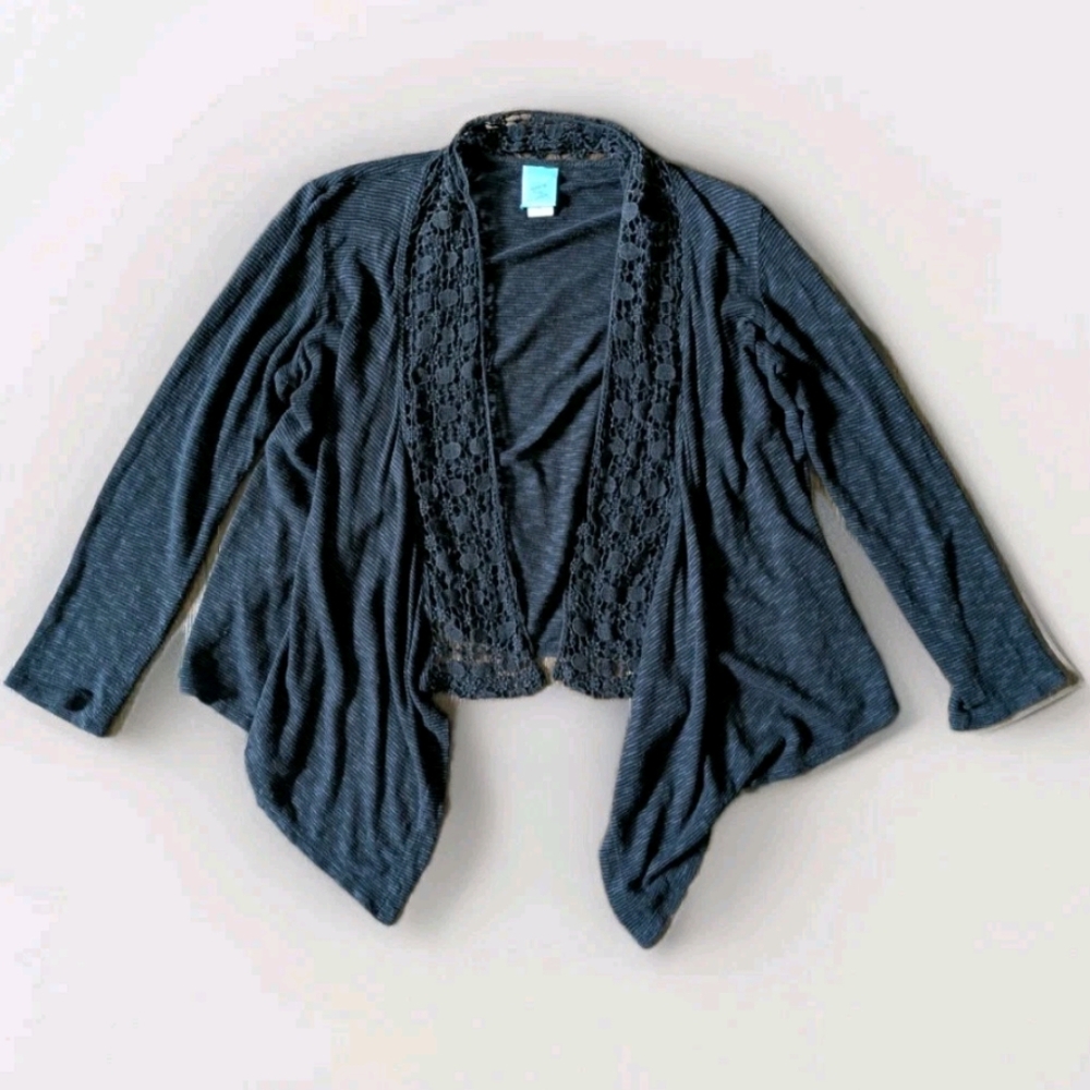 Womens Vtg 90s Open Front Knit Cardigan Medium Crochet Trim Ribbed Boho Witchy